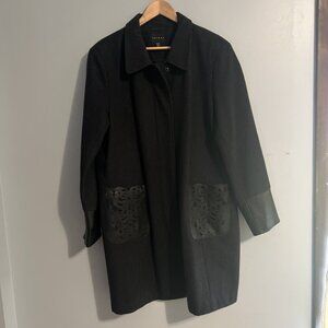 TRIBAL XXL WOOL BLEND LONG COAT. LASER CUT POCKET DETAIL. LEATHER CUFF DETAIL.